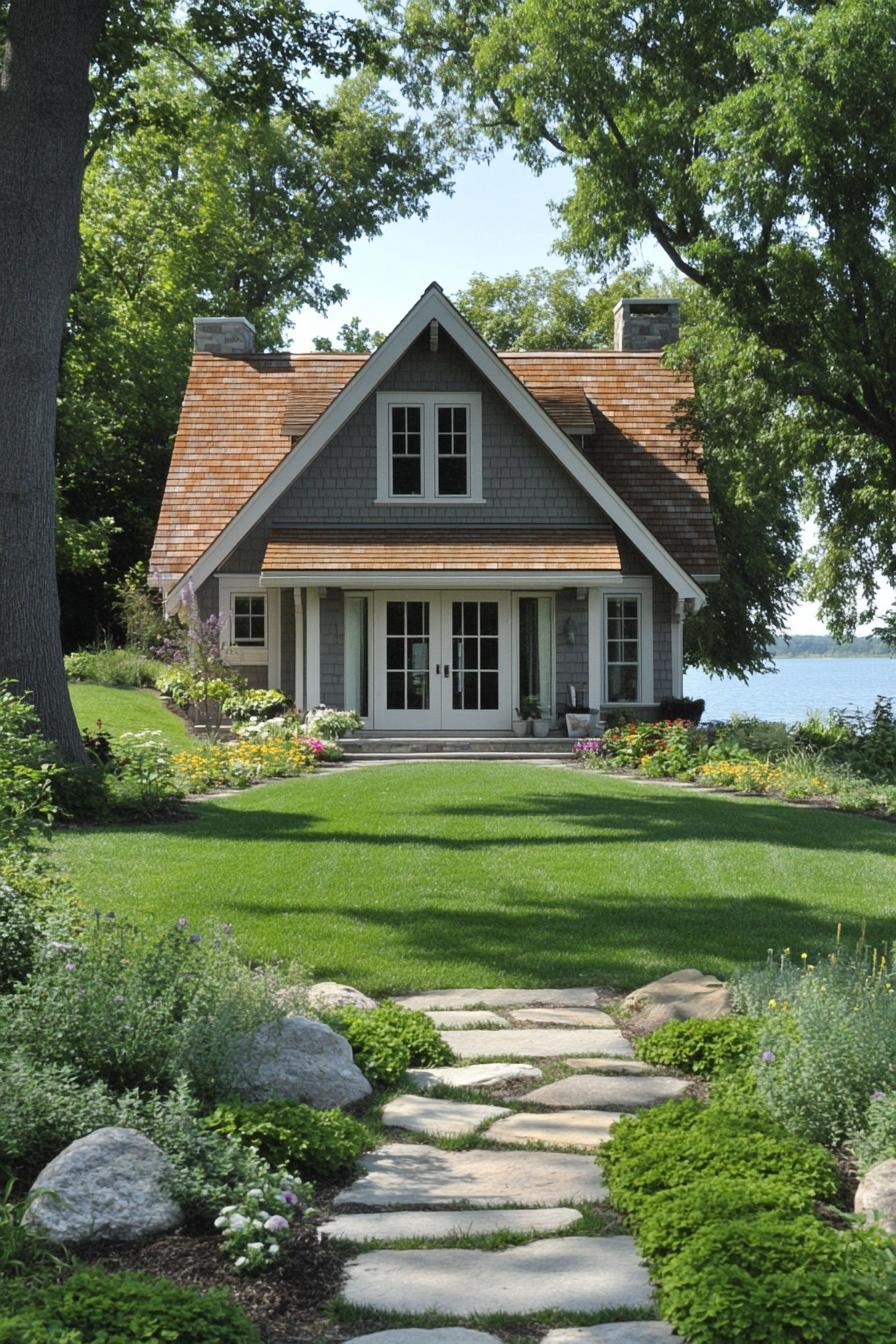 small moder cottage house with gambrels on lakeshore lawn with shrubs 1