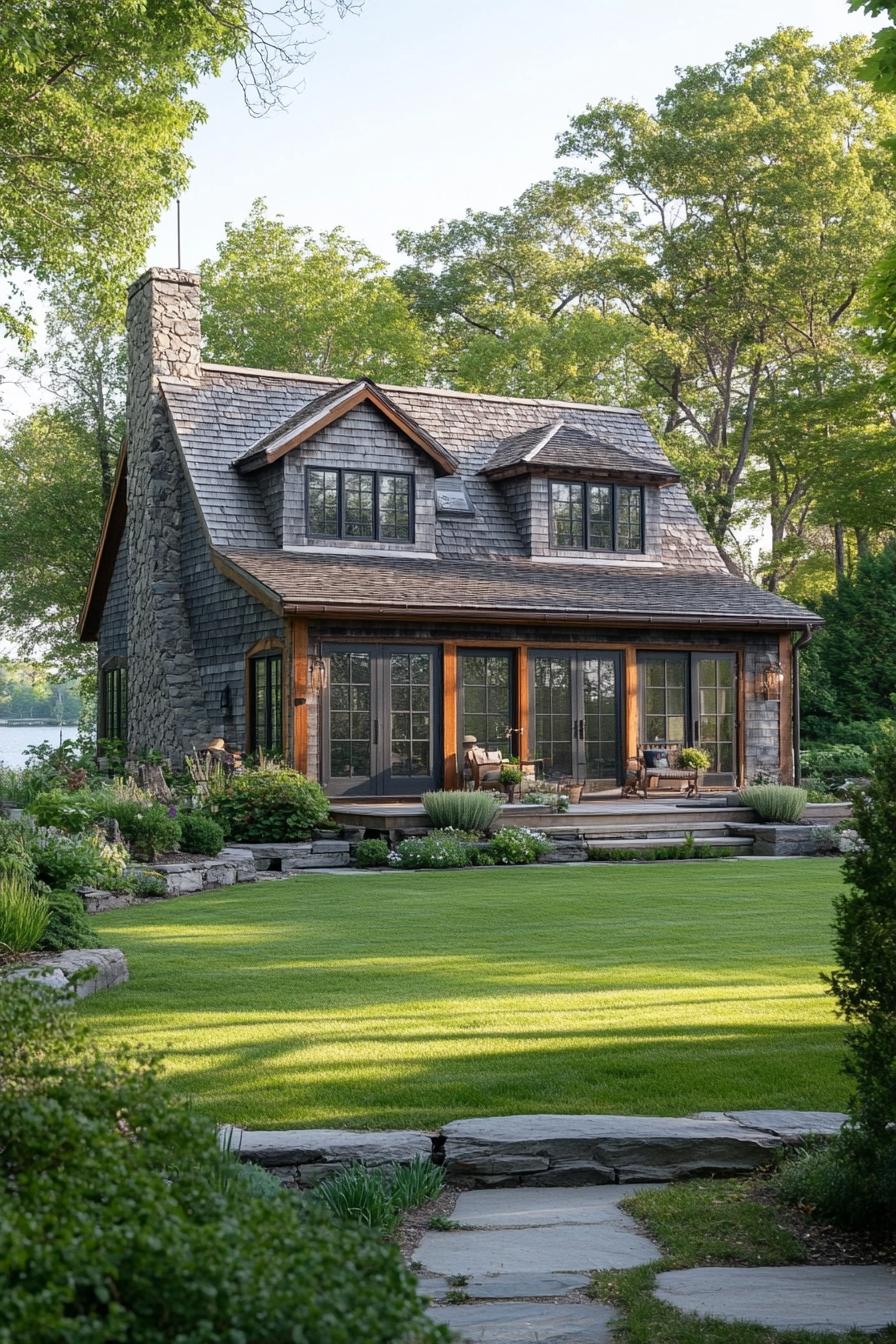 small moder cottage house with gambrels on lakeshore lawn with shrubs