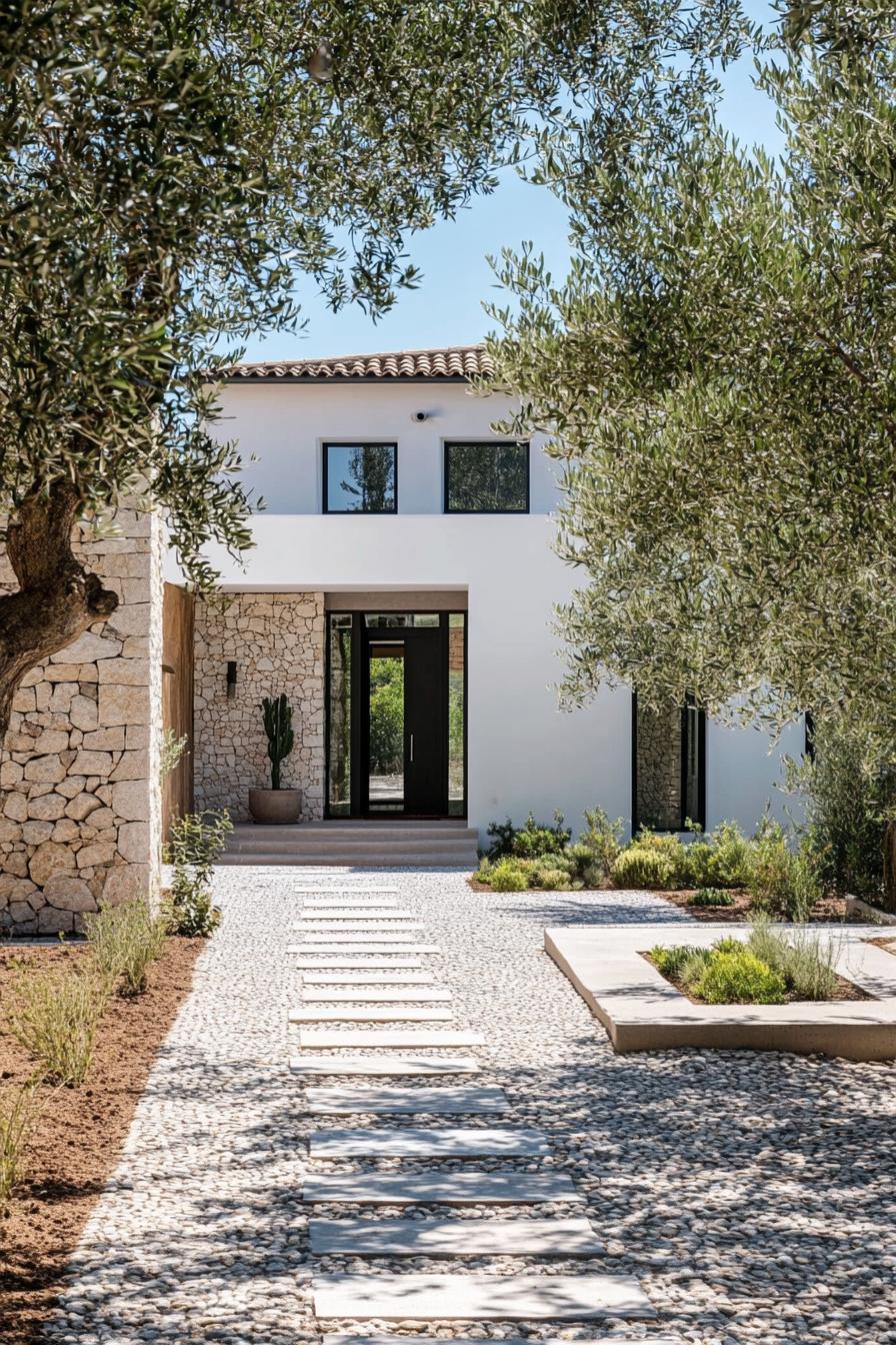 small modern mediterranean house with mosaic tile pathways and olive grove 1