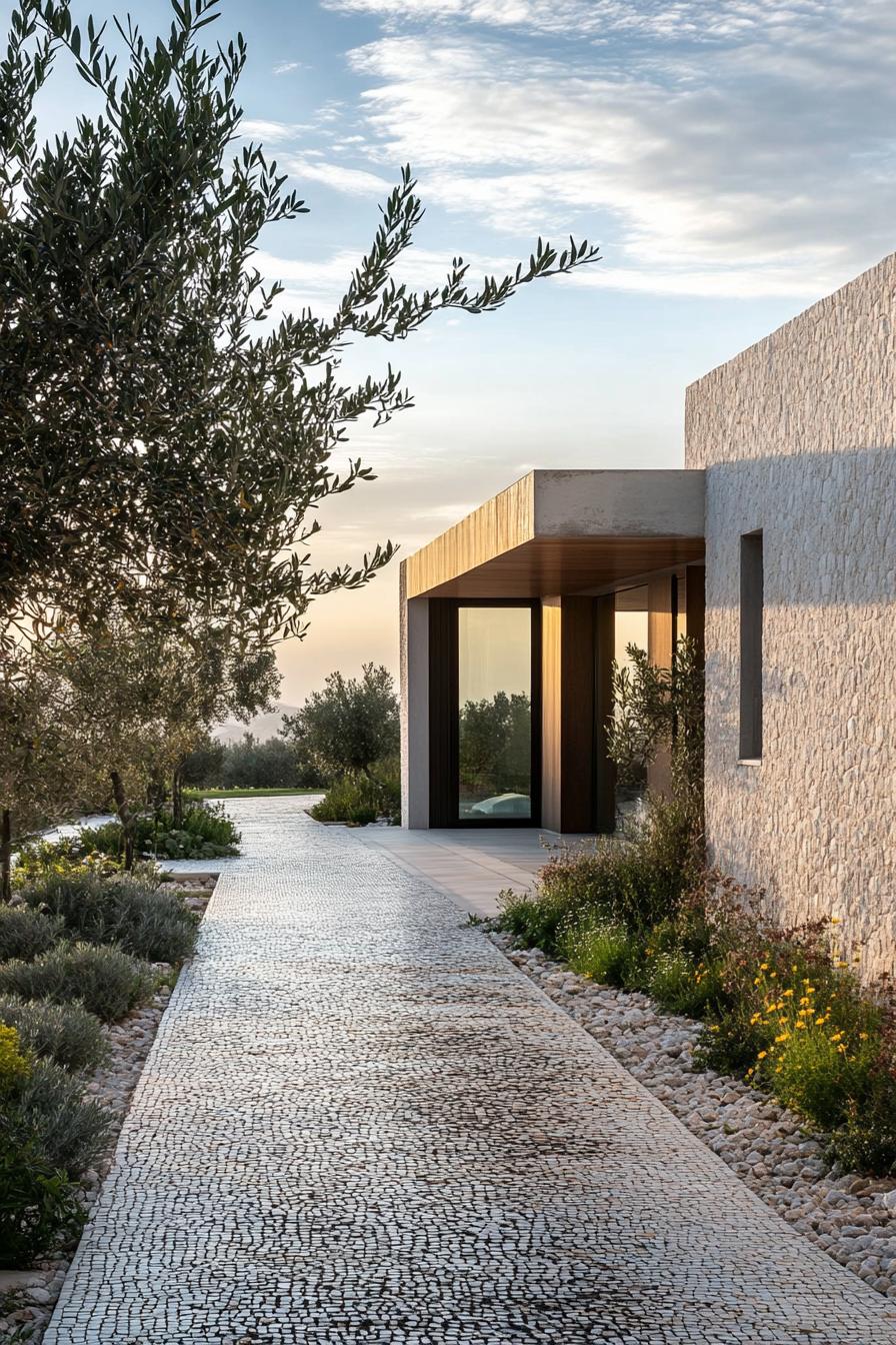 small modern mediterranean house with mosaic tile pathways and olive grove 2