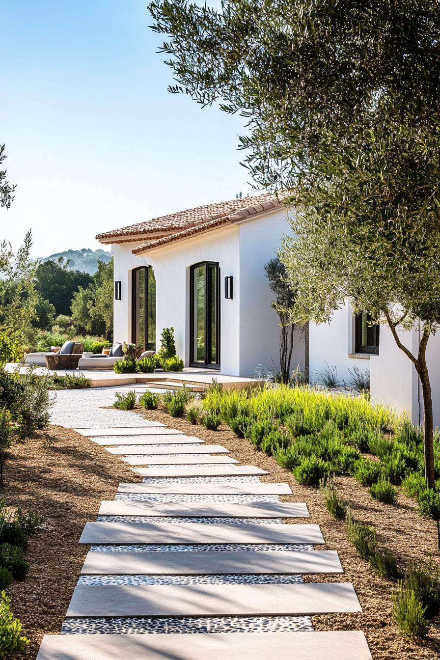 small modern mediterranean house with mosaic tile pathways and olive grove 3