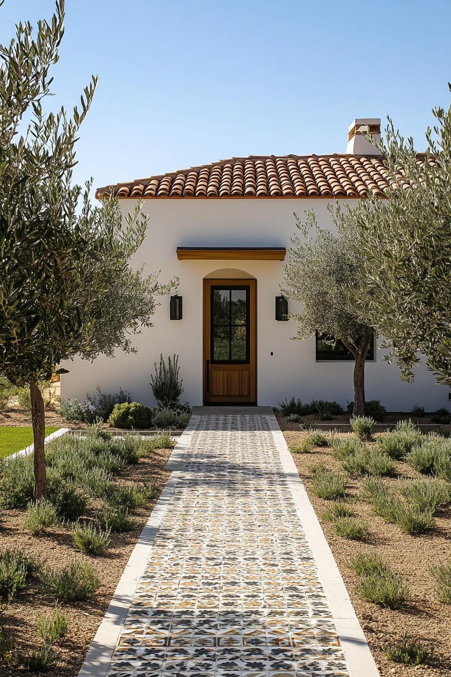 small modern mediterranean house with mosaic tile pathways and olive grove