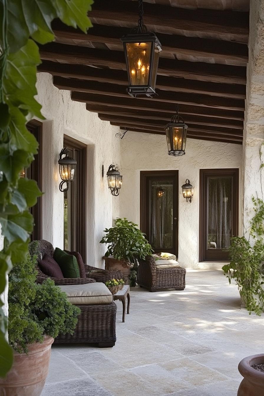 spanish mediterranean house covered porch stucco wall siding exposed beam ceiling with vines 1