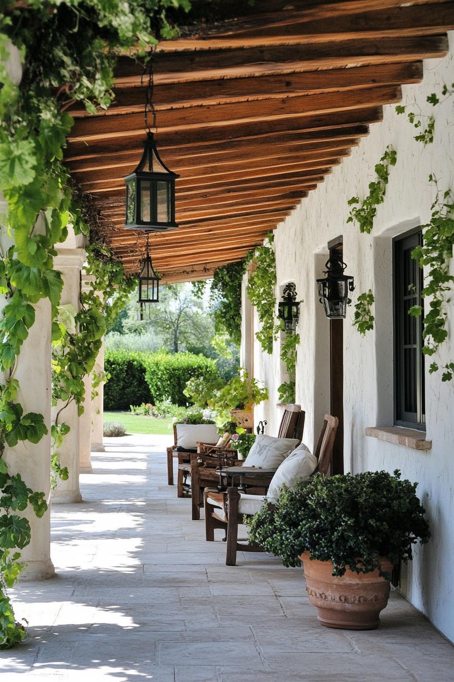 spanish mediterranean house covered porch stucco wall siding exposed beam ceiling with vines 2