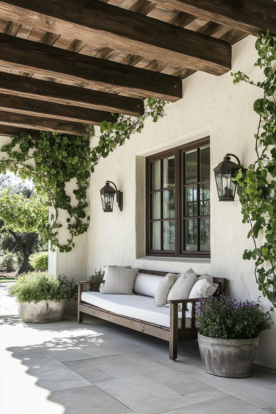 spanish mediterranean house covered porch stucco wall siding exposed beam ceiling with vines