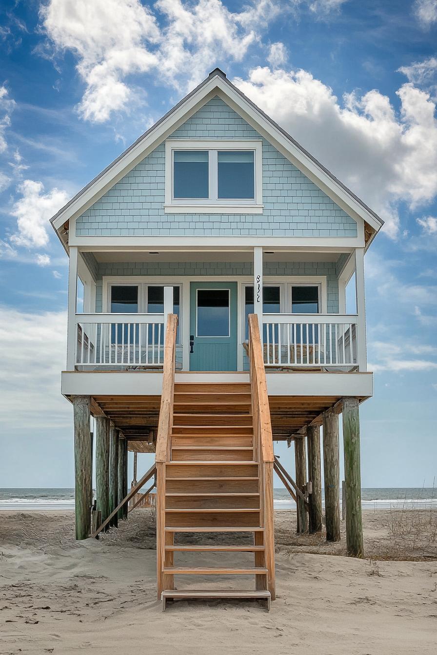 tiny cottage style beachfront house on stilts with stairs leading to the entry clapboard siding 1