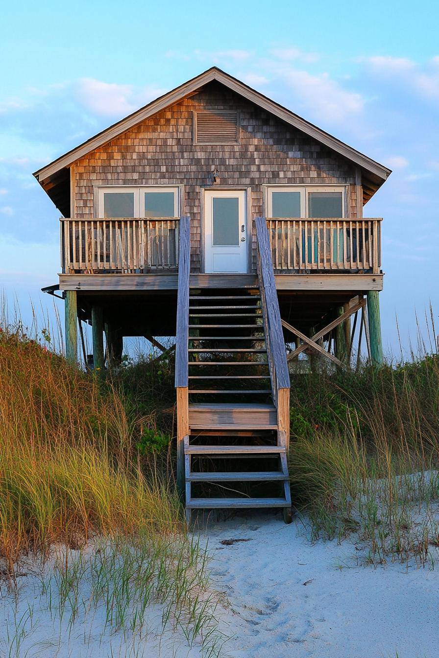 tiny cottage style beachfront house on stilts with stairs leading to the entry clapboard siding 2