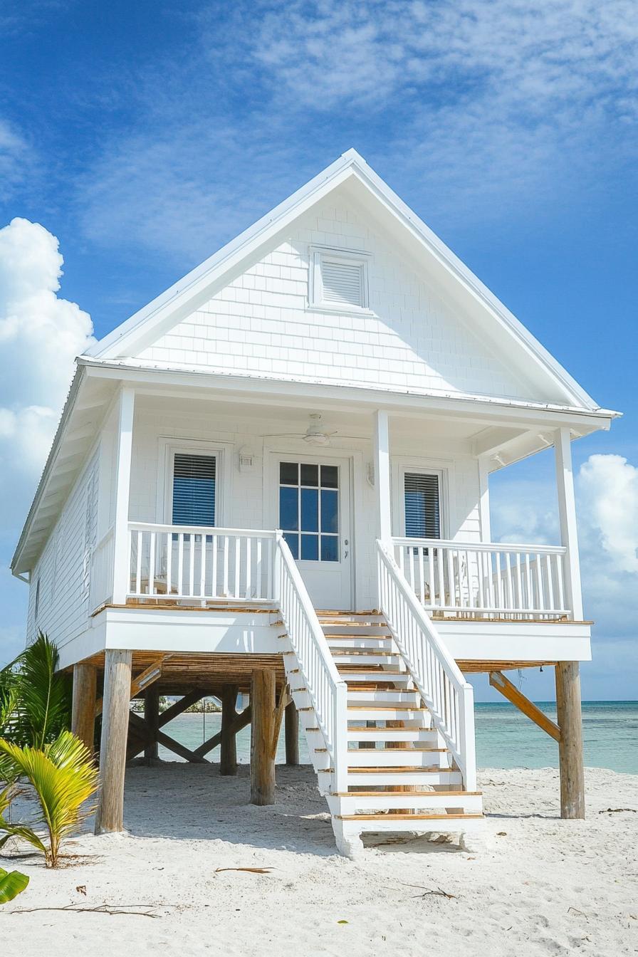 tiny cottage style beachfront house on stilts with stairs leading to the entry clapboard siding