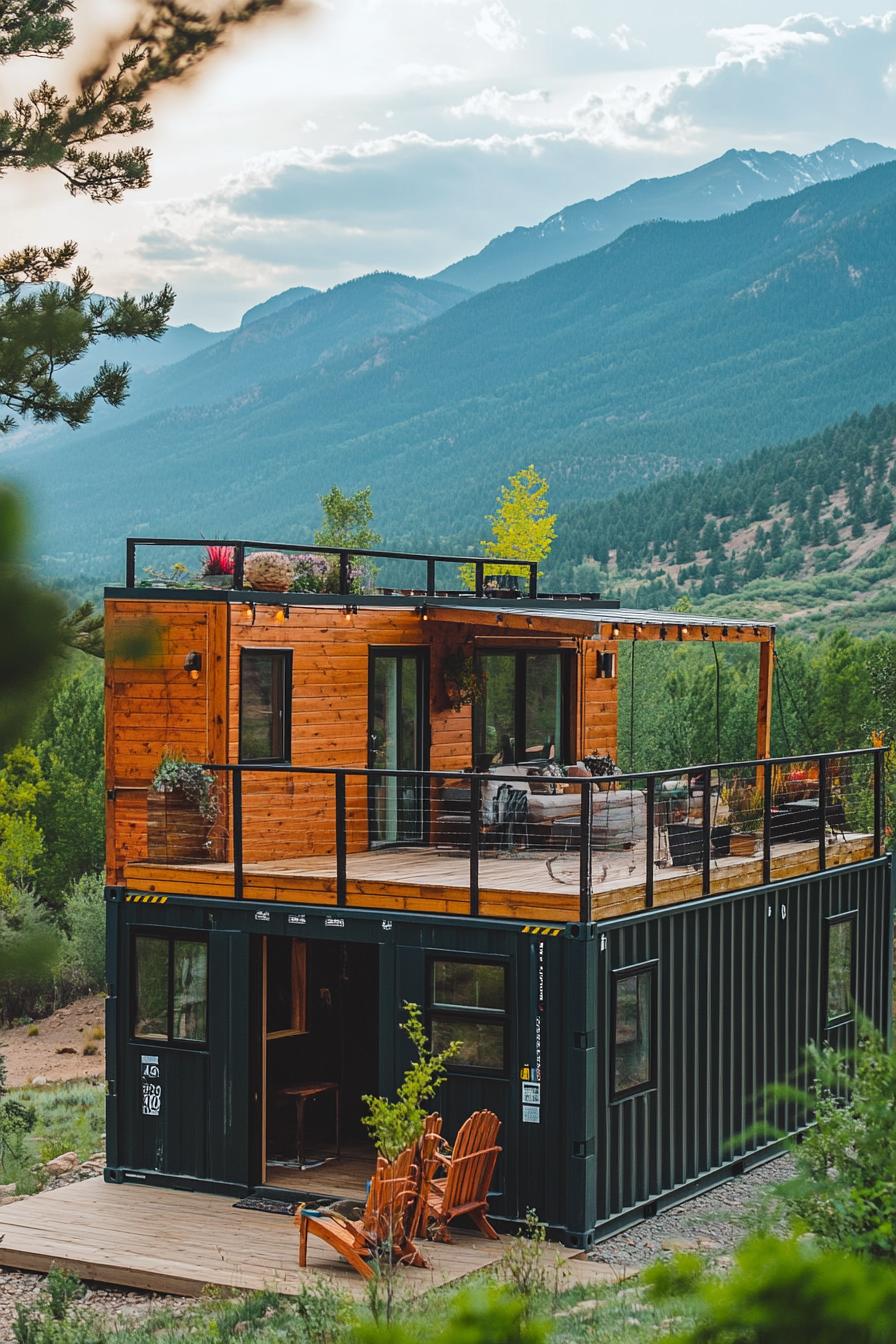 tiny shipping container house with rooftop deck built onto it extending outside as a deck cover mountain range in the background 1