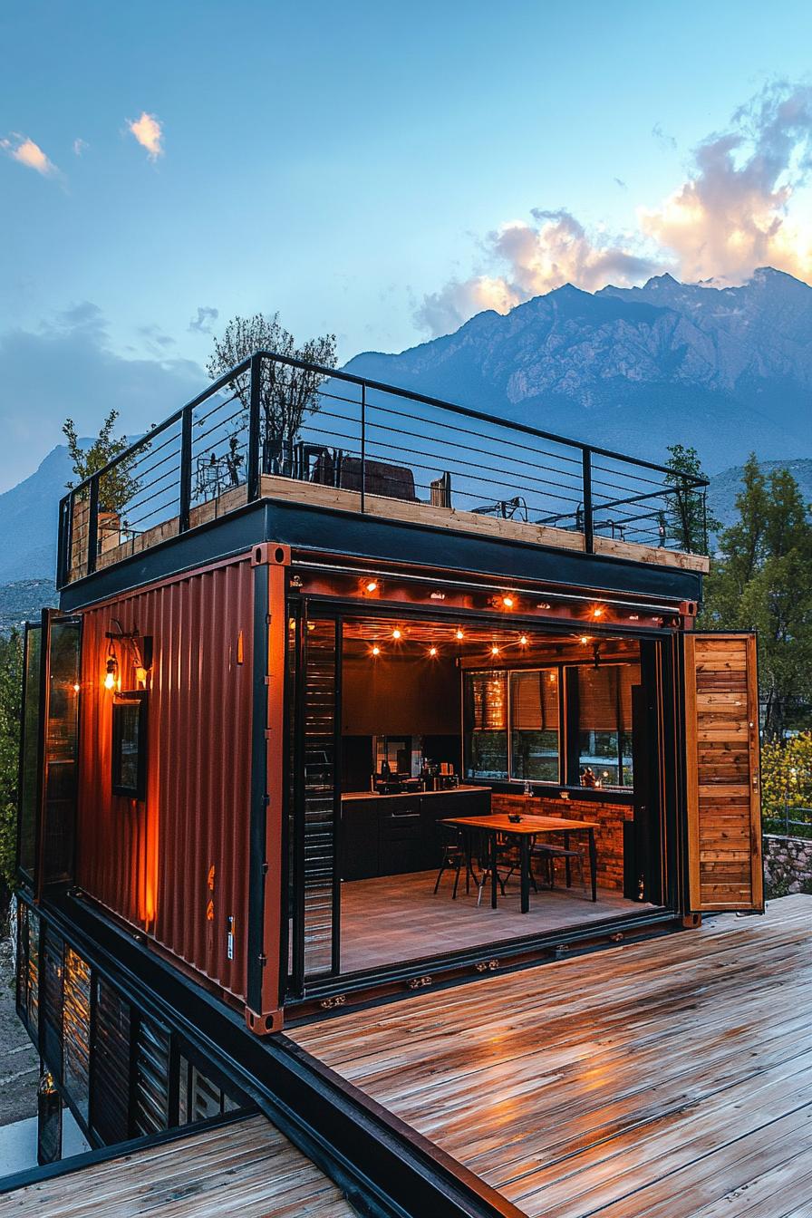 tiny shipping container house with rooftop deck built onto it extending outside as a deck cover mountain range in the background 2