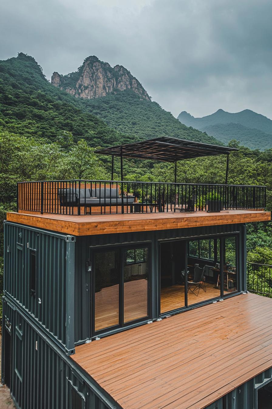 tiny shipping container house with rooftop deck built onto it extending outside as a deck cover mountain range in the background 3