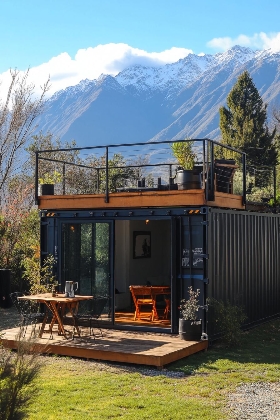 tiny shipping container house with rooftop deck built onto it extending outside as a deck cover mountain range in the background