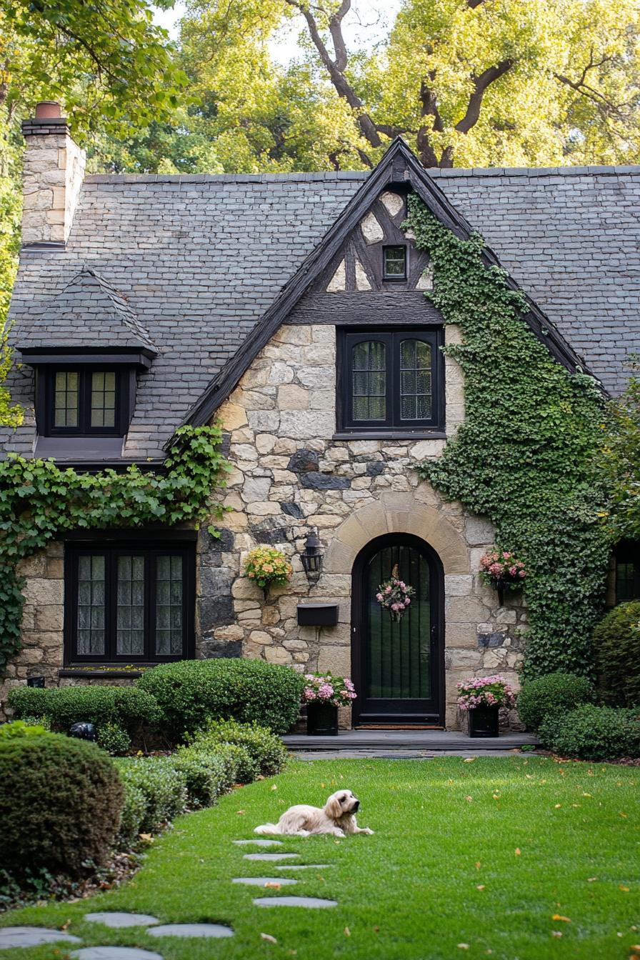 tudor style cottage with stone facade with vine flowers modern door with glass panels shingle roof garden with bushes a dog can lying on the lawn