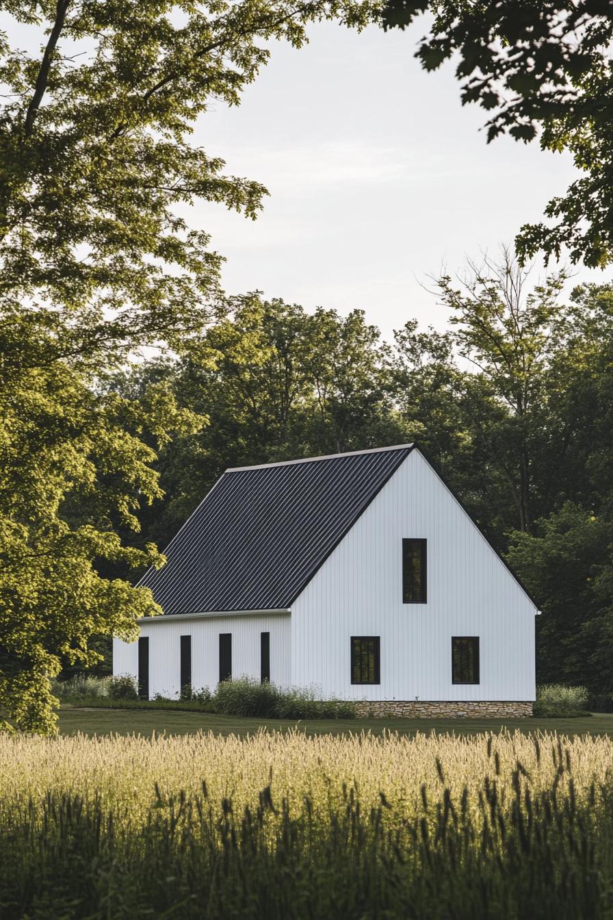 white modern barn with vertical slats black roof and trim German style detailing farmland landscape surrounded by trees 1