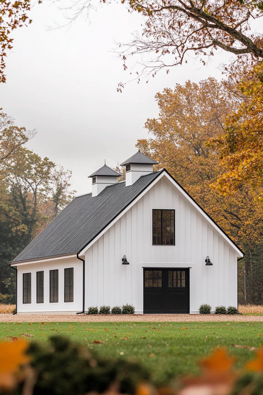 white modern barn with vertical slats black roof and trim German style detailing farmland landscape surrounded by trees 2