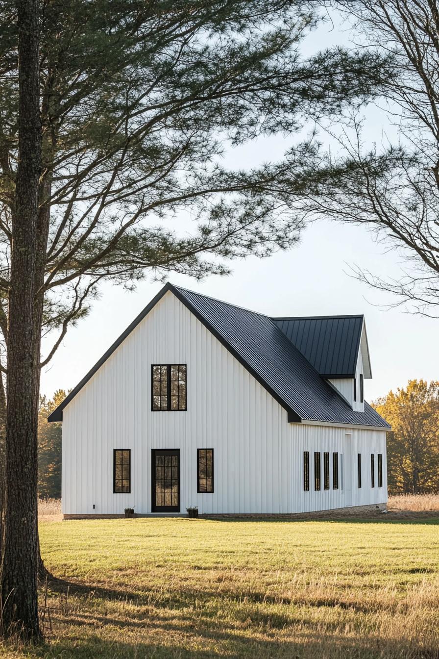 white modern barn with vertical slats black roof and trim German style detailing farmland landscape surrounded by trees 3