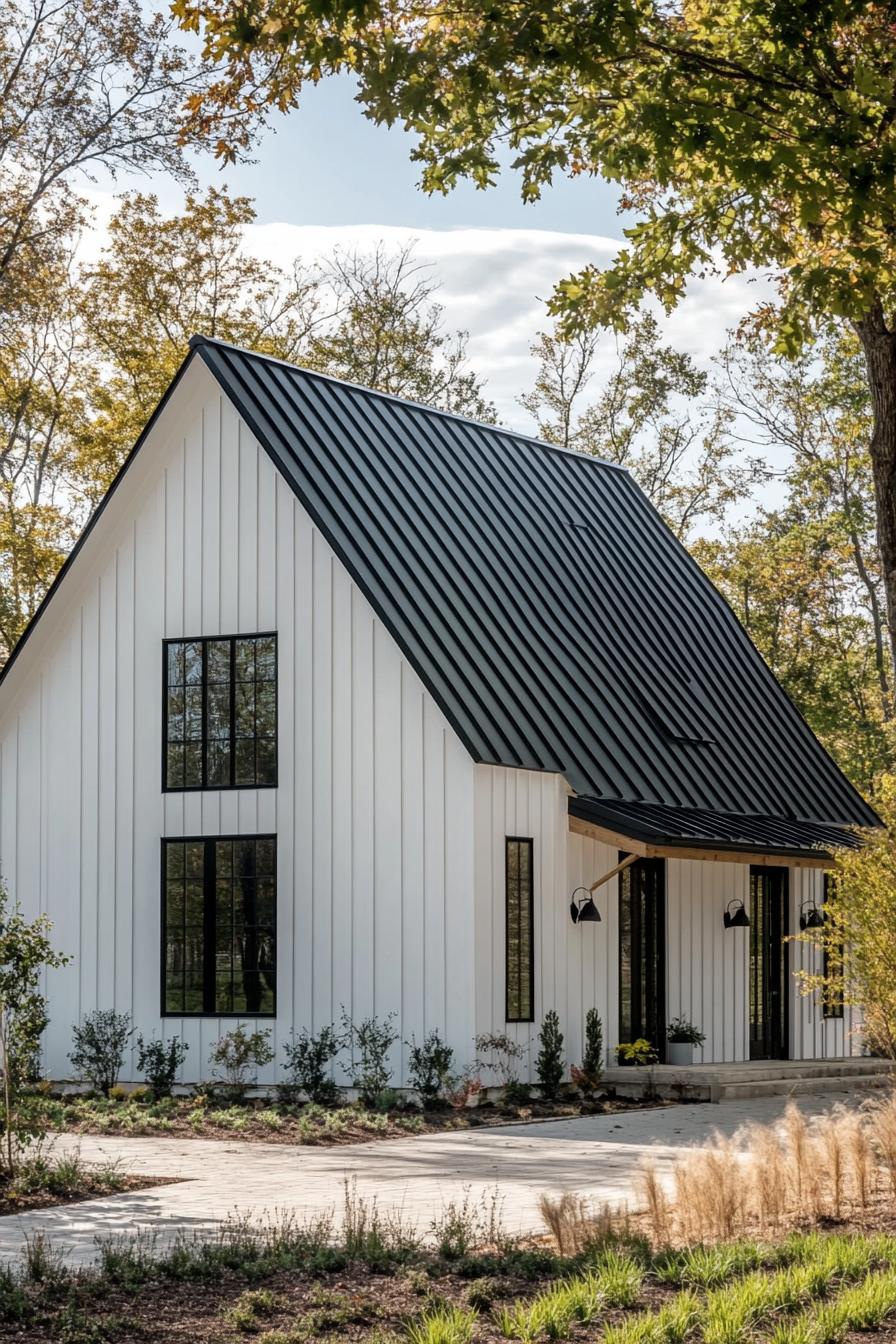 white modern barn with vertical slats black roof and trim German style detailing farmland landscape surrounded by trees