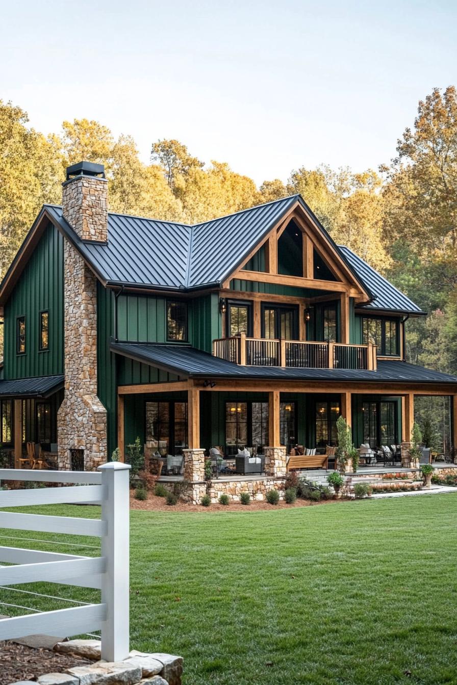 wide view of a large modern farmhouse exterior with forest green siding and black metal multi pitched roof natural wood beams stone chimney a big 1