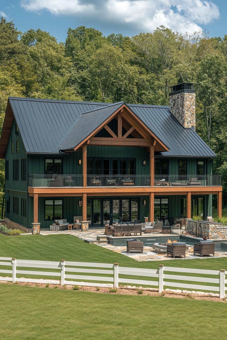 wide view of a large modern farmhouse exterior with forest green siding and black metal multi pitched roof natural wood beams stone chimney a big 2