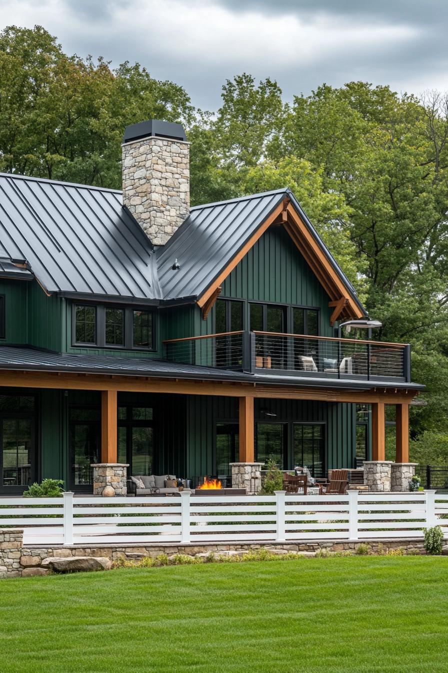 wide view of a large modern farmhouse exterior with forest green siding and black metal multi pitched roof natural wood beams stone chimney a big 3