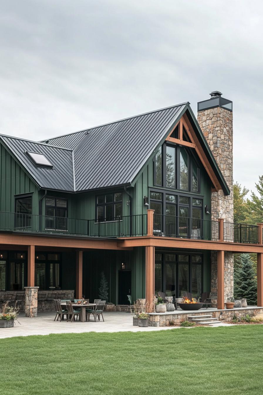 wide view of a large modern farmhouse exterior with forest green siding and black metal multi pitched roof natural wood beams stone chimney a big