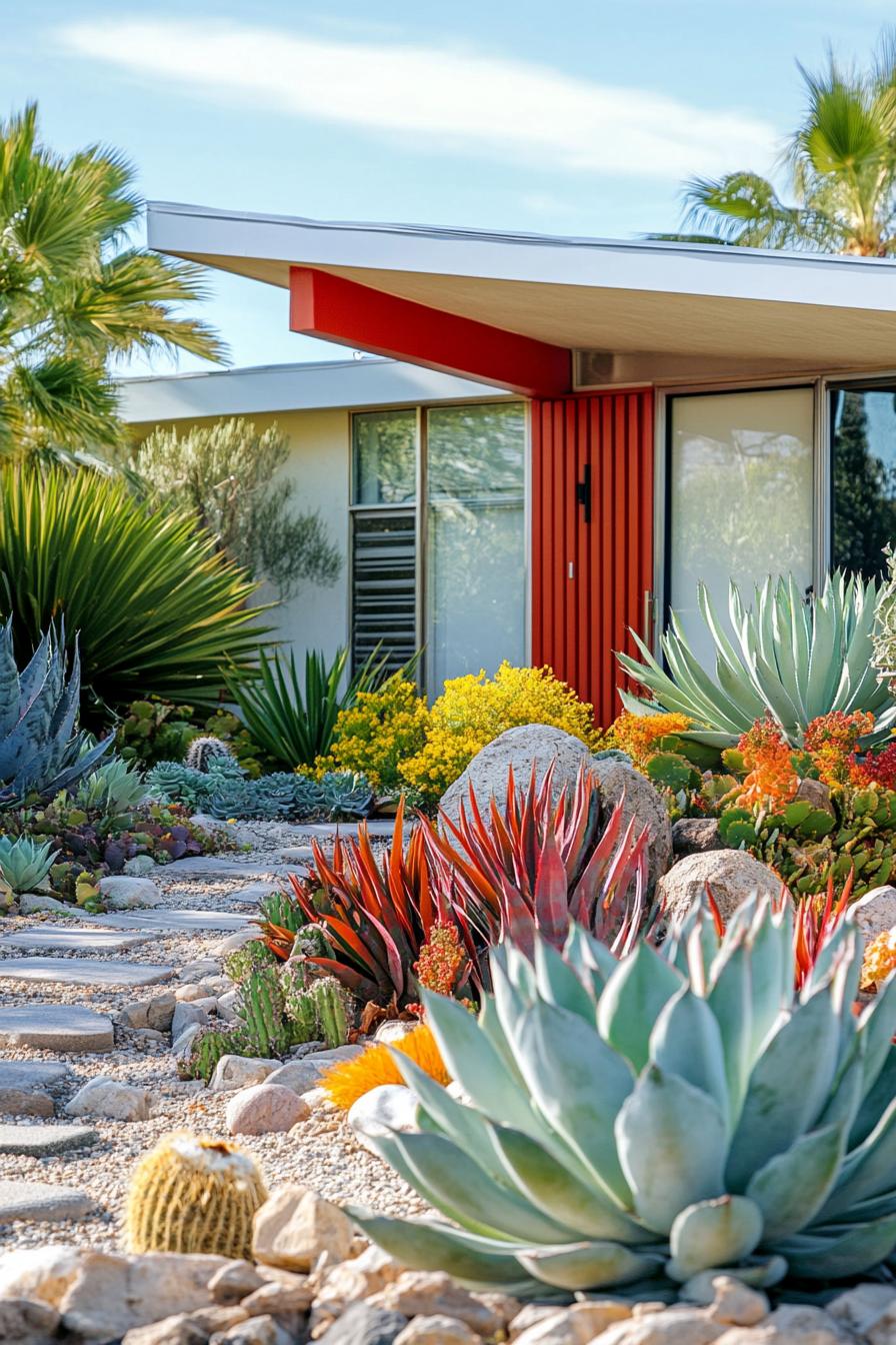 70s midcentury house facade yard with retro landscape with succulents 1