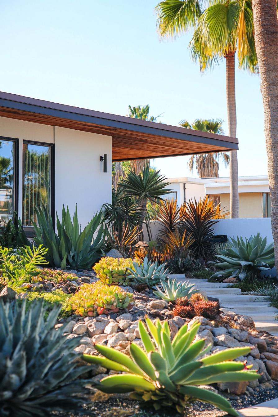 70s midcentury house facade yard with retro landscape with succulents 2