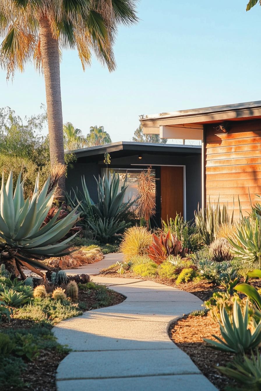 70s midcentury house facade yard with retro landscape with succulents 3