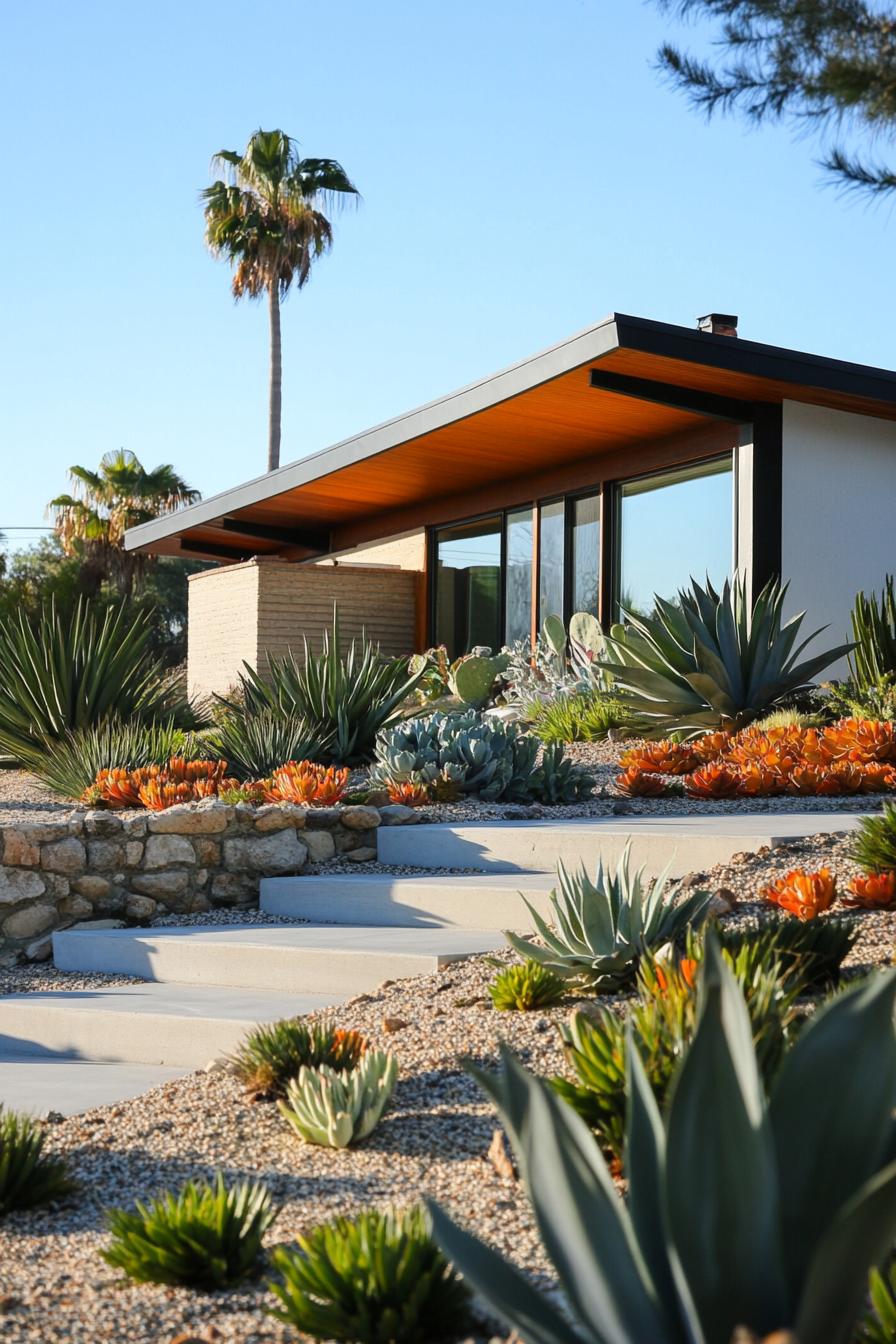 70s midcentury house facade yard with retro landscape with succulents