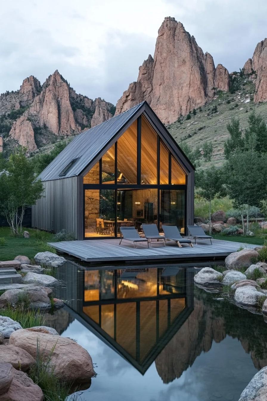 A modern cabin nestled in a rocky mountain landscape. The house features a steep gable roof and is constructed from vertically oriented grey wooden 1