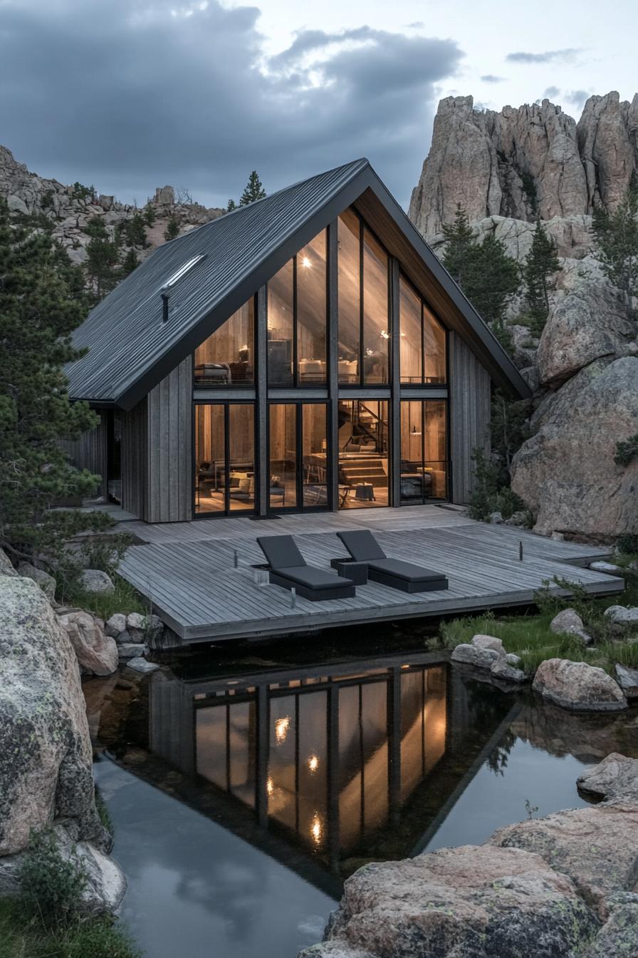 A modern cabin nestled in a rocky mountain landscape. The house features a steep gable roof and is constructed from vertically oriented grey wooden 2