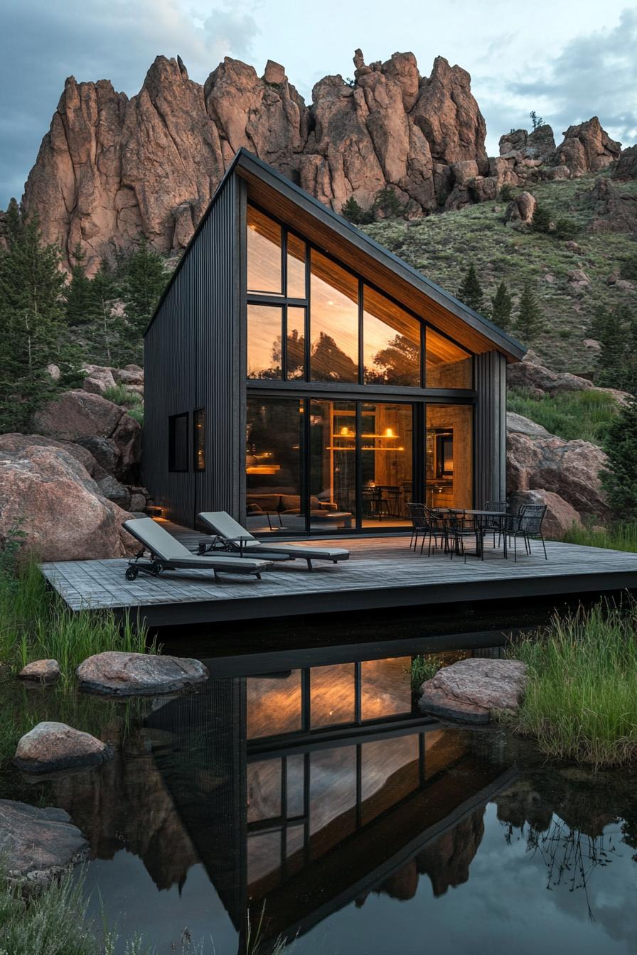 A modern cabin nestled in a rocky mountain landscape. The house features a steep gable roof and is constructed from vertically oriented grey wooden 3