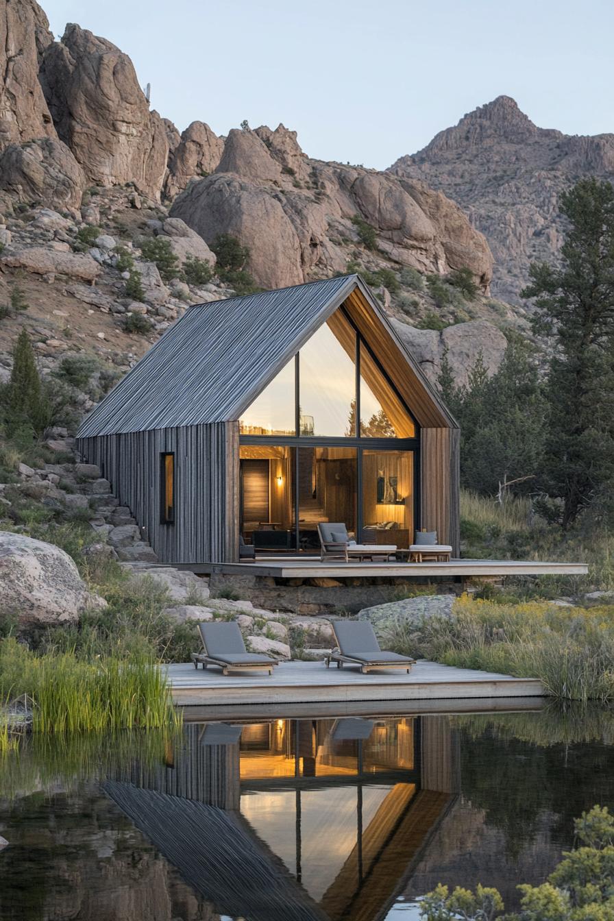 A modern cabin nestled in a rocky mountain landscape. The house features a steep gable roof and is constructed from vertically oriented grey wooden