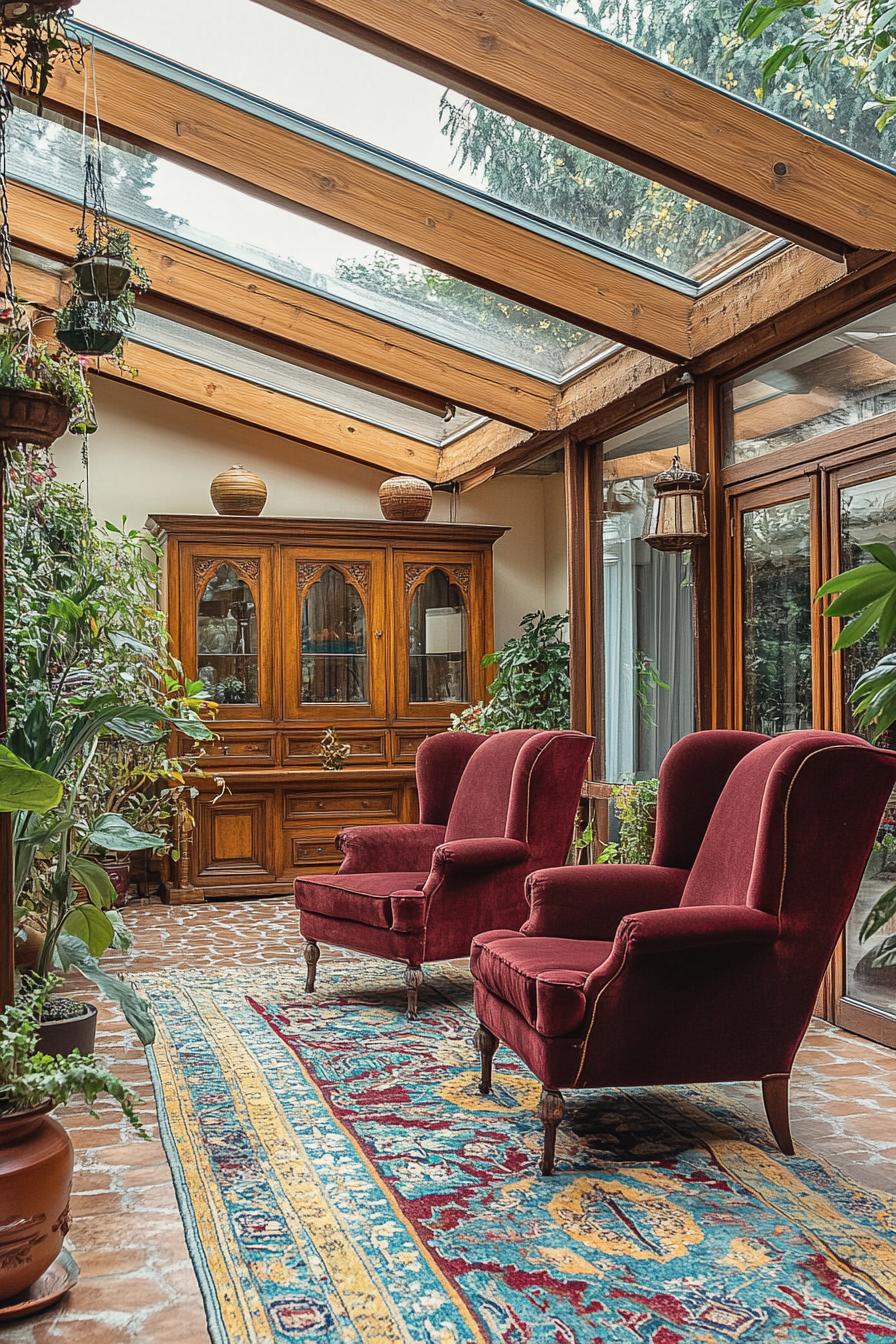 A sitting room with a modern glass roof and warm wooden beams allowing ample natural light to pour in. The ceiling features wooden accents which 1