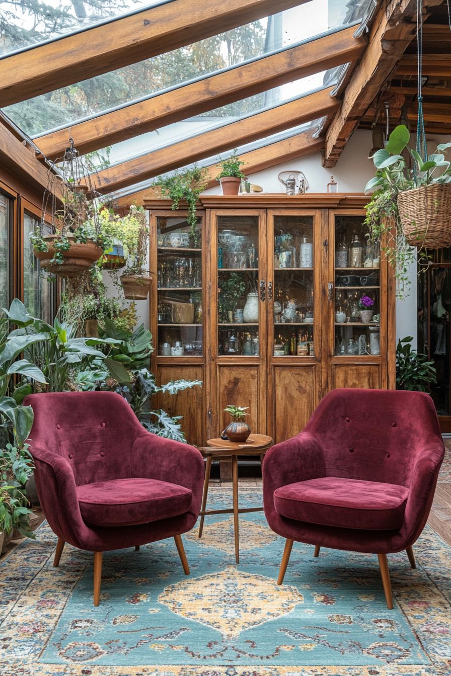 A sitting room with a modern glass roof and warm wooden beams allowing ample natural light to pour in. The ceiling features wooden accents which