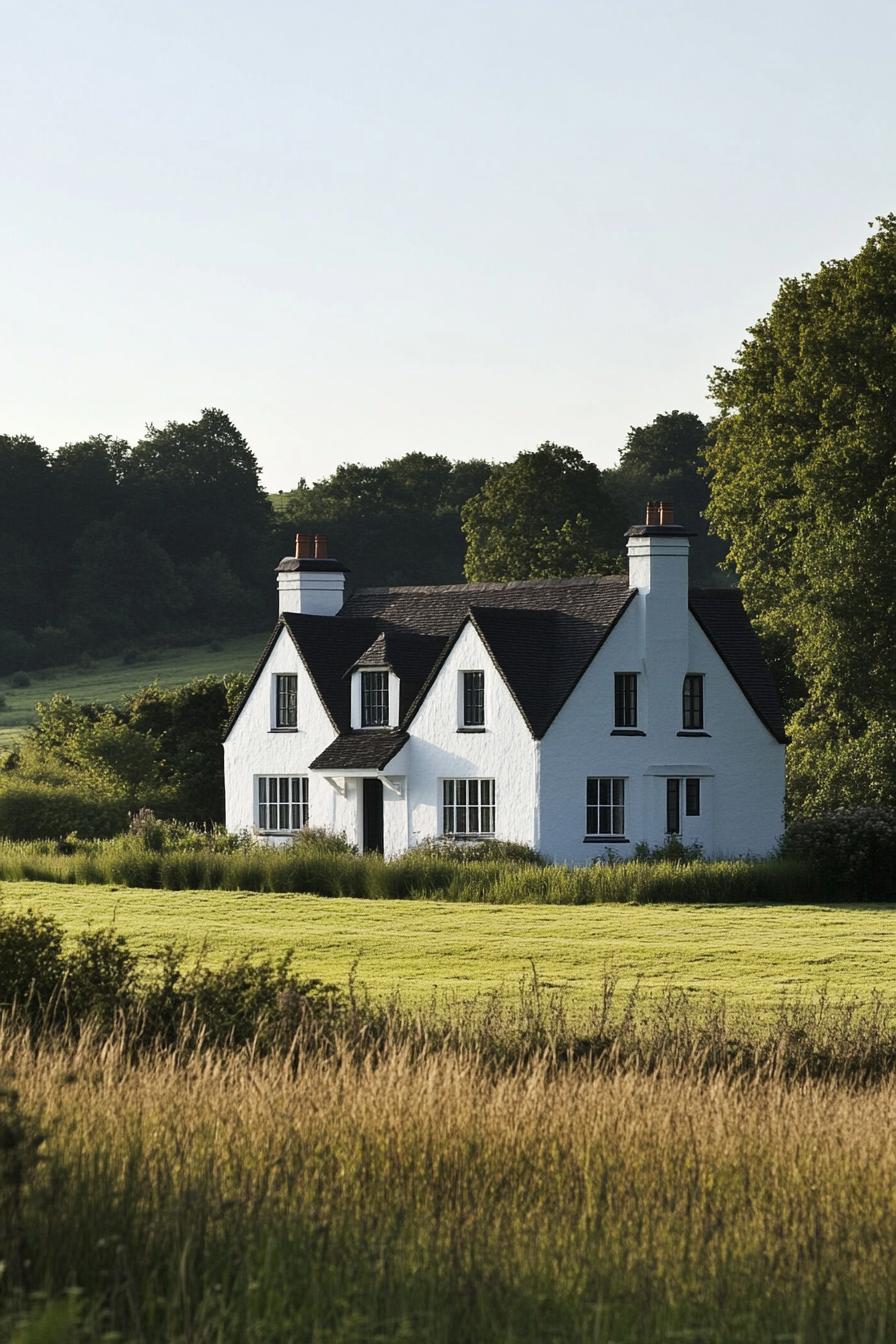 English cottage style duplex white house with black roof and windows in a meadow full house view from afar 1