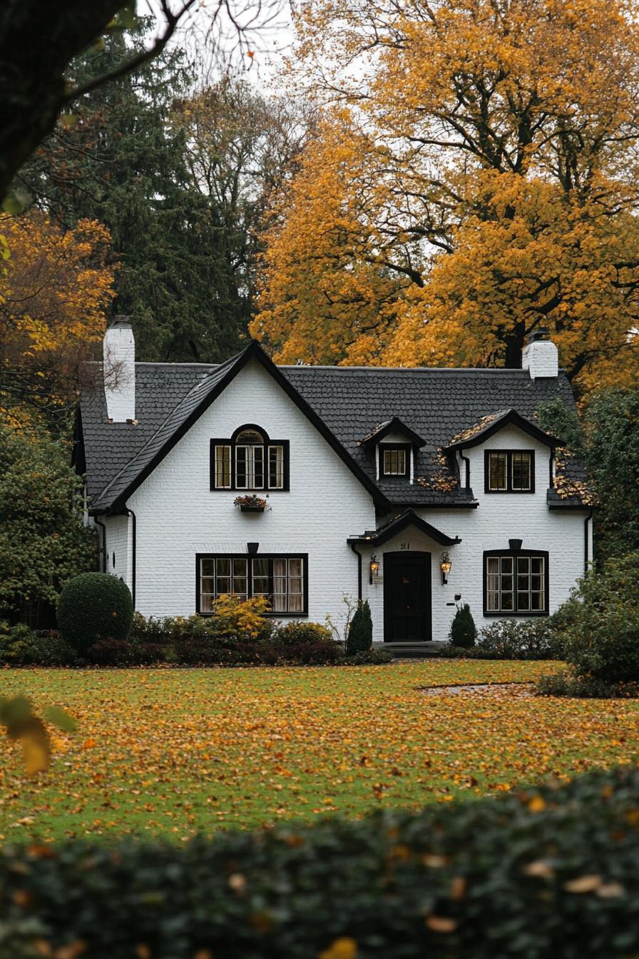 English cottage style duplex white house with black roof and windows in a meadow full house view from afar 2