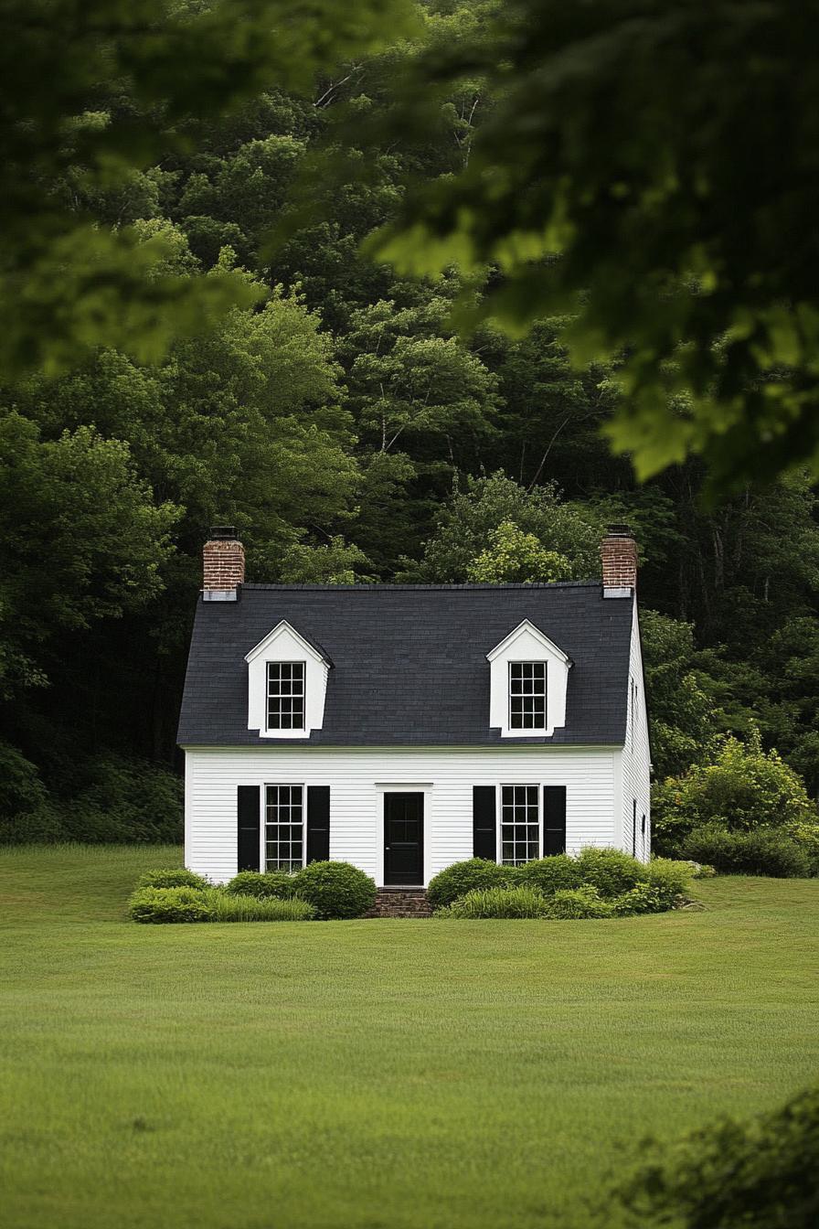 English cottage style duplex white house with black roof and windows in a meadow full house view from afar 3