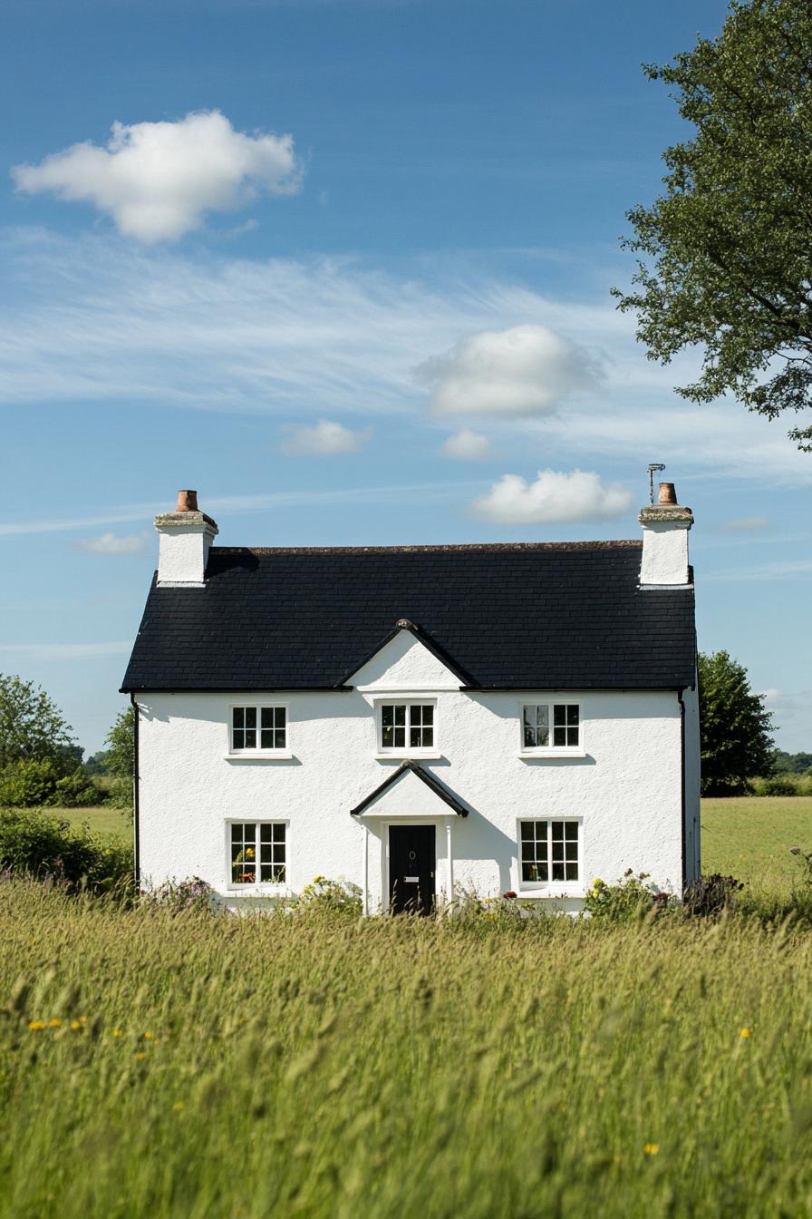 English cottage style duplex white house with black roof and windows in a meadow full house view from afar