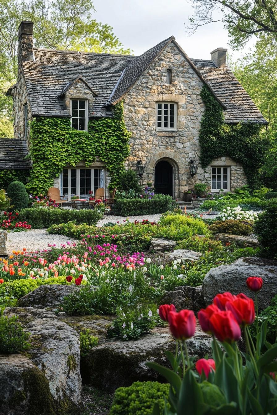 English country house with stone siding multi pitch roof green living wall lush garden with rocks and wildflowers tulips roses 1