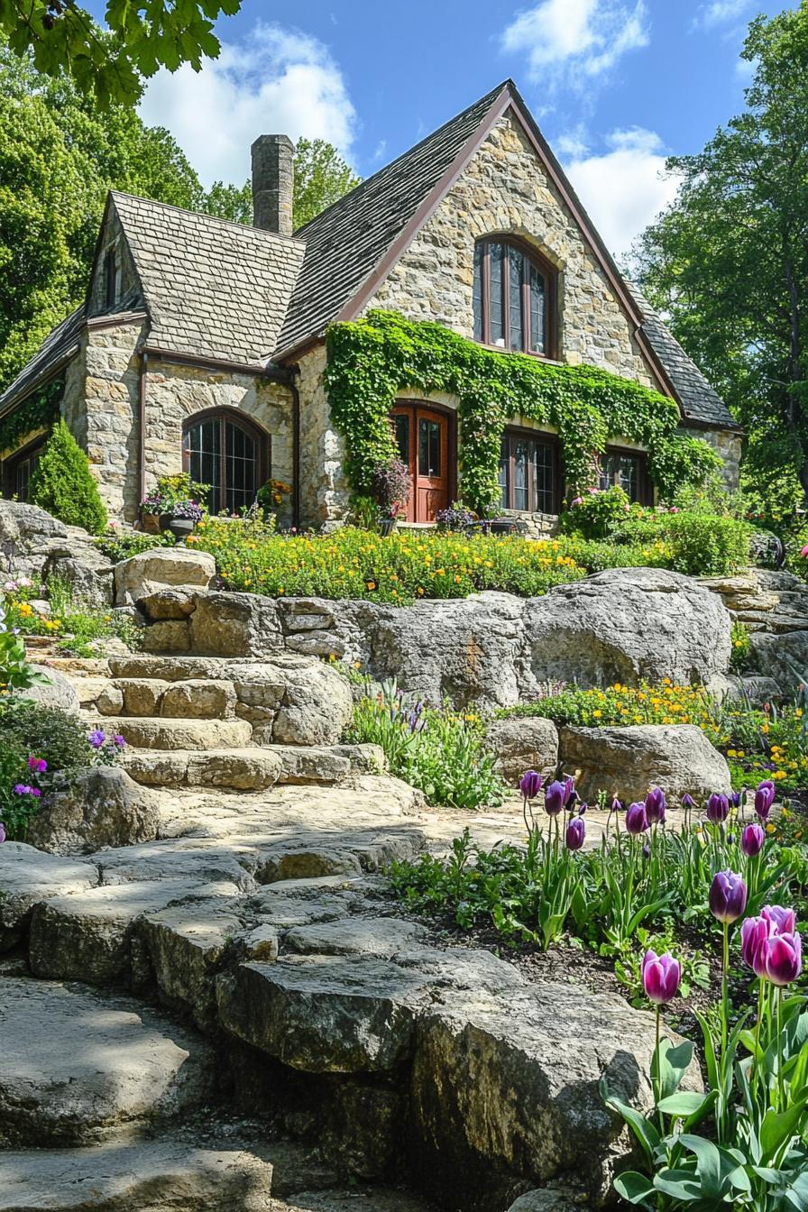 English country house with stone siding multi pitch roof green living wall lush garden with rocks and wildflowers tulips roses 2