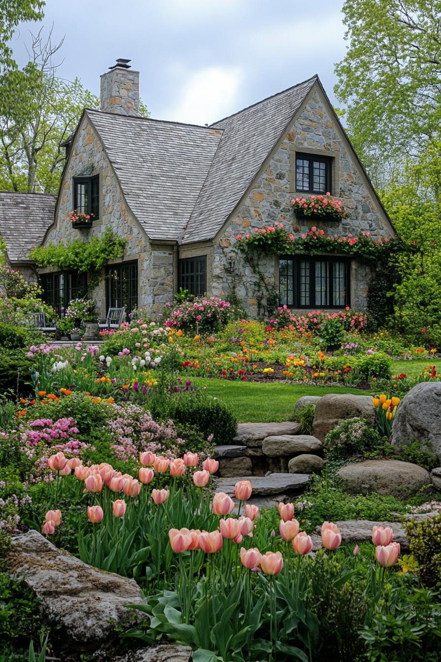 English country house with stone siding multi pitch roof green living wall lush garden with rocks and wildflowers tulips roses