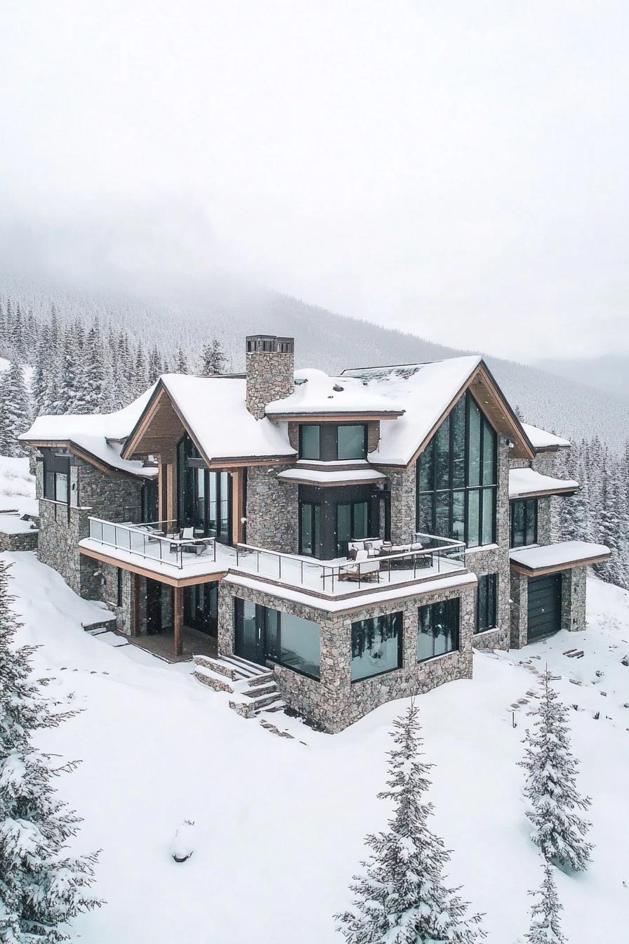 aerial view of a snowed in modern mountain mansion with modern stone foundation with large porches and multi pitched second floor roof large windows 1