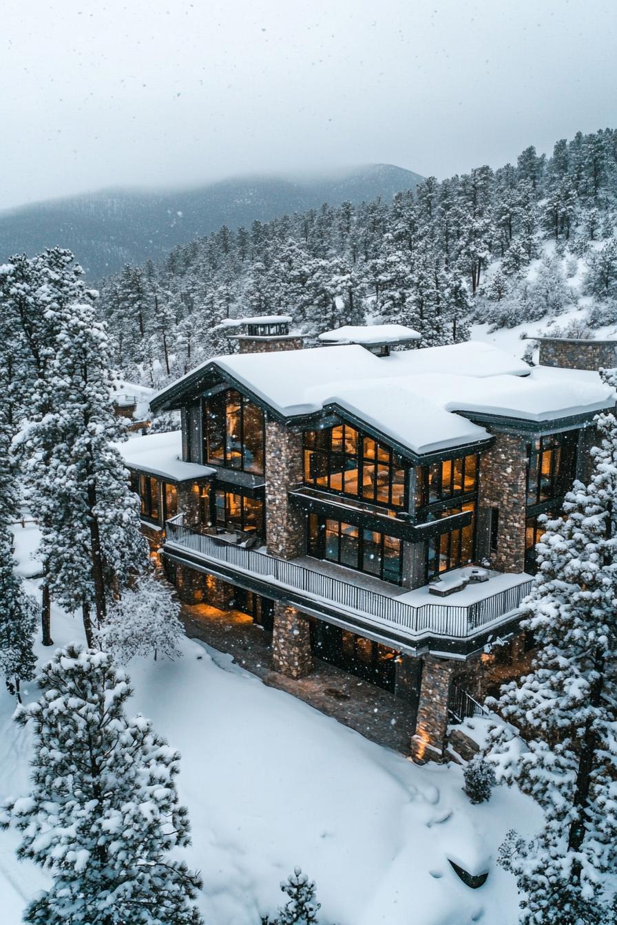 aerial view of a snowed in modern mountain mansion with modern stone foundation with large porches and multi pitched second floor roof large windows 2