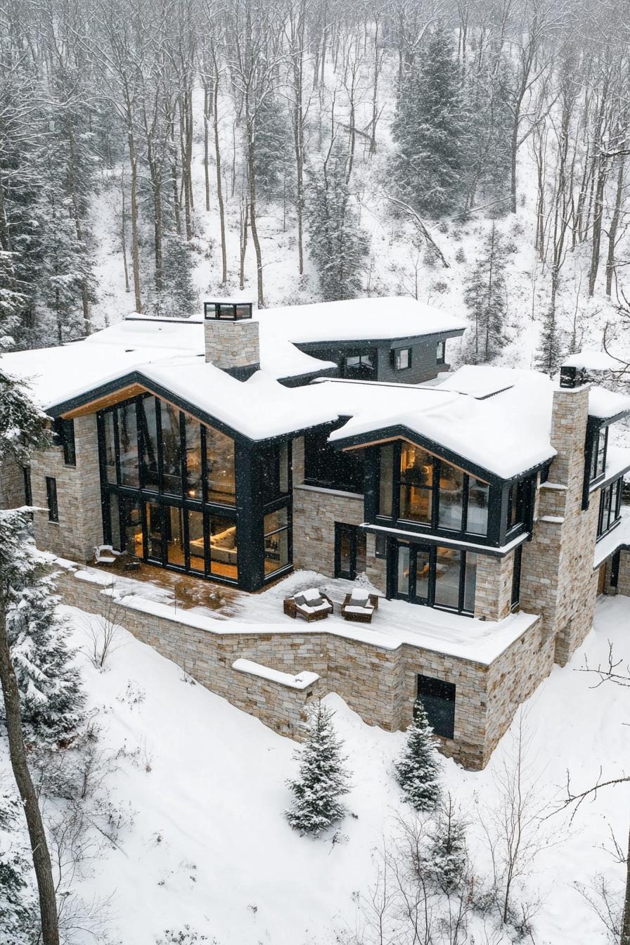 aerial view of a snowed in modern mountain mansion with modern stone foundation with large porches and multi pitched second floor roof large windows