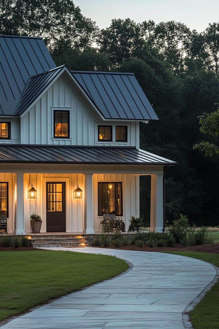 barn home with multi pitched roof white board and batten siding front porch with columns lamp lighting fuxtures on the front wall paved path and 1