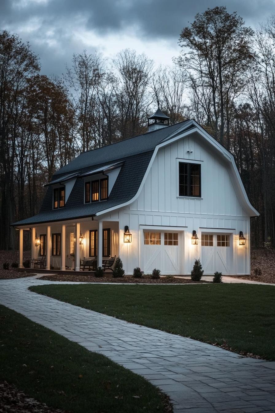 barn home with multi pitched roof white board and batten siding front porch with columns lamp lighting fuxtures on the front wall paved path and