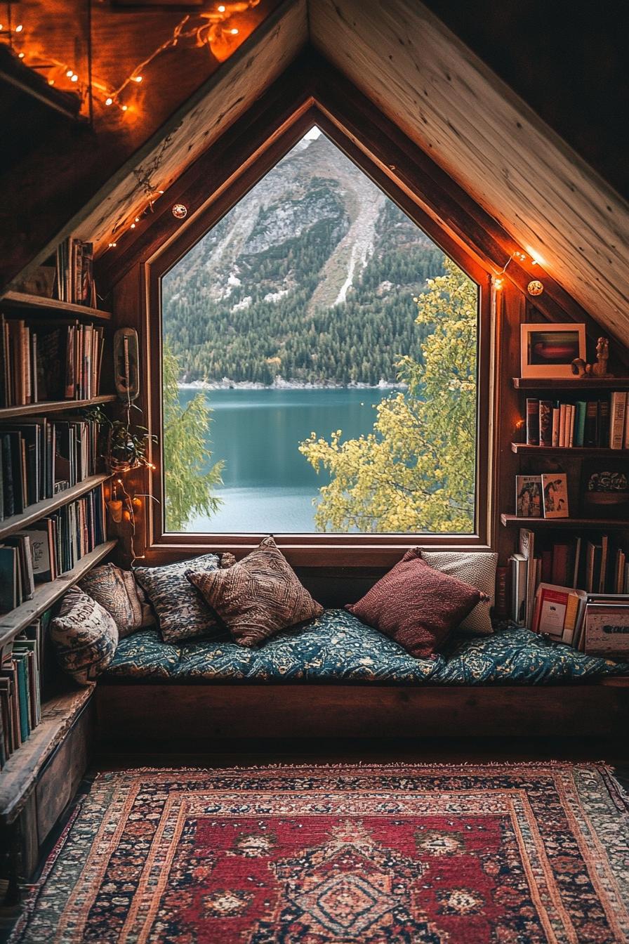 Cozy reading nook with large window view of mountains