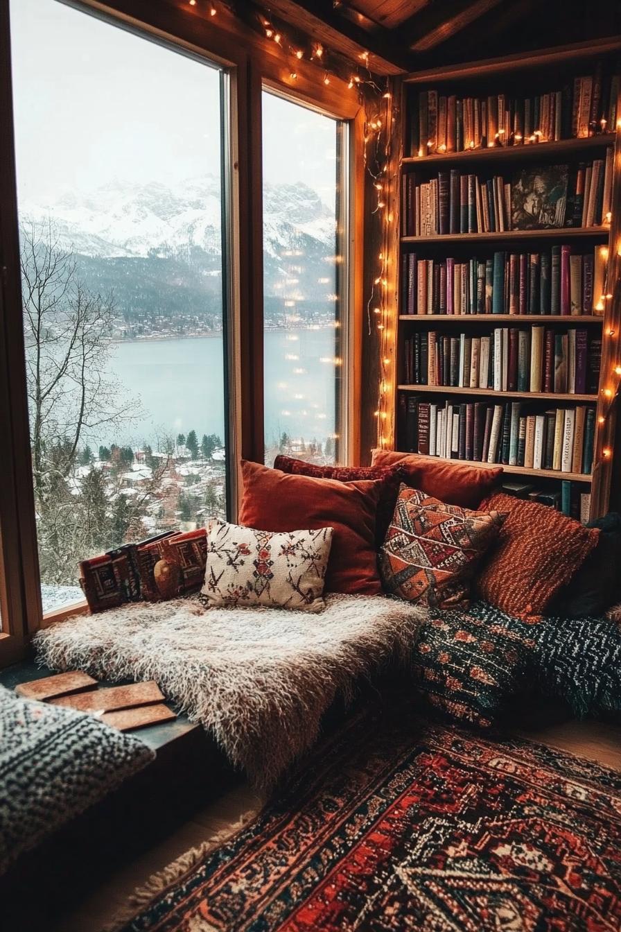 Window nook with a cozy seat, bookshelves, and mountain view