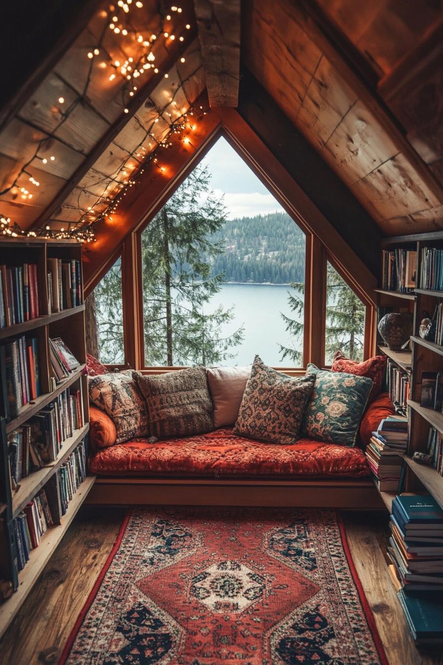 Inviting mountain nook with books and a view